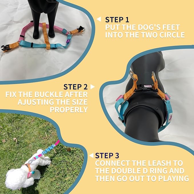 Tri-Color Dog Harness and Purple Pink Gradient Shock Absorbing Dog Leash Set,Step-in Freedom Dog Vest Harness,Strong Padded Handle to Help Stop Pulling for Midium Dog Walking and Traning