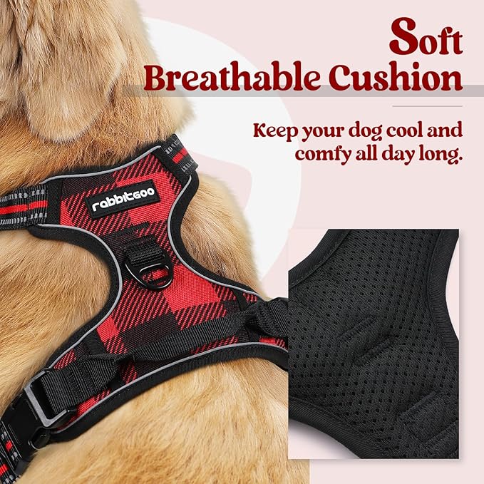 rabbitgoo Dog Harness for Large Dogs No Pull, Comfortable Padded Plaid Dog Harness with Handle Easy Control, Adjustable Reflective Puppy Pet Harness Vest with 2 Leash Clips, Red Plaid, L