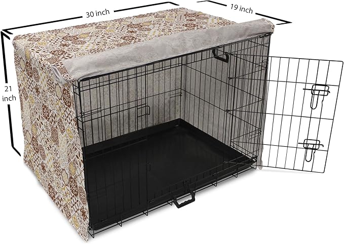Lunarable Ethnic Dog Crate Cover, Portuguese Azulejo Mosaics with Floral Scrolls Retro Mediterranean, Easy to Use Pet Kennel Cover for Cats & Medium Dogs, 30 Inch, Chocolate Earth Yellow