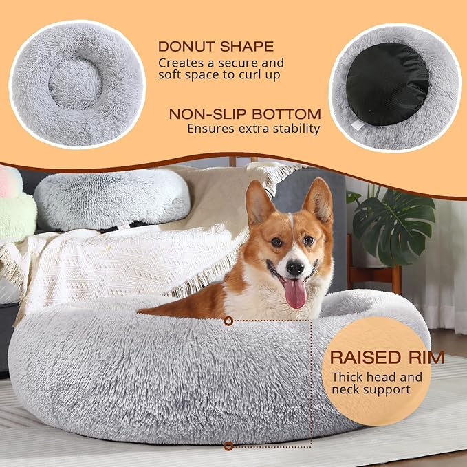 JOLLYVOGUE Dog Beds, Calming Small Dog Bed, Anti-Anxiety Dog Bed for Small Dogs, Fluffy Donut Dog Bed, Cozy Dog Cat Cushion Bed for Small Medium Dogs and Cats (20")