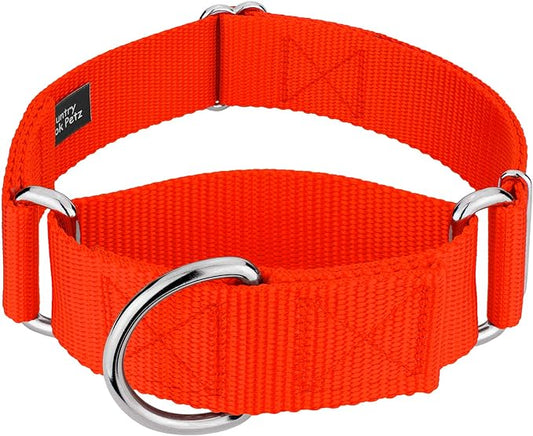 Country Brook Petz 1 1/2 Inch Martingale Heavy Duty Nylon Adjustable Dog Collar for Small, Medium, Large Breeds - Vibrant 17 Color Selection (Hot Orange, Large)