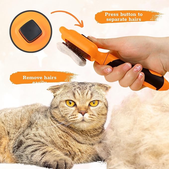 Cat Brush with One-Click Release – This versatile dog brush for shedding and massaging is the perfect pet grooming tool for indoor cats and dogs, suitable for pets of all hair types.