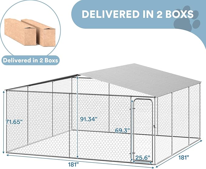 Rovibek 15'×15' Extra Large Outdoor Dog Kennel for Yard, Dog Kennel Outside with Roof, Dog Kennels Outdoor with Waterproof Sunproof Cover