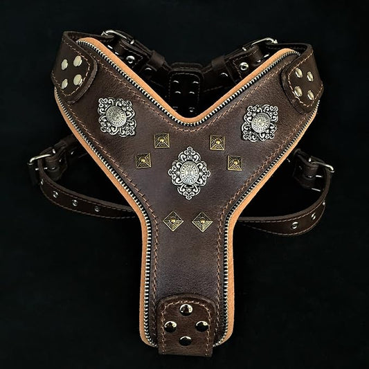 Bestia "Aztec Big Dog Leather Harness. 2 Tone Rivet Decorations. Zipper Decoration. Foam and Leather Padding Handmade in Europe.