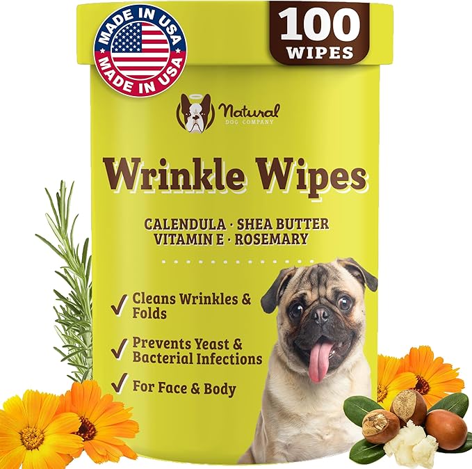 Natural Dog Company Wrinkle Wipes for Dogs, 100 Count, Hypoallergenic Dog Wipes, Wrinkle Wipes French Bulldog, Cleaning & Deodorizing, Dog Wipes for Grooming Faces, Paws & Butts