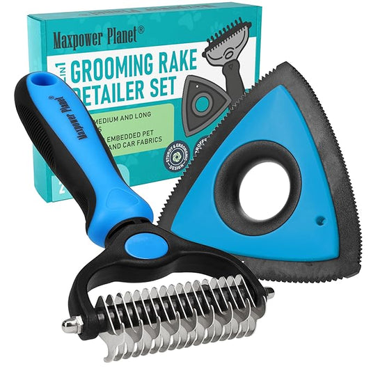 Maxpower Planet Pet Grooming Rake and Mini Pet Hair Remover Tool, Undercoat Rake for Dogs & Hair Remover for Car Carpet, Cat Hair Remover and Double-Sided Deshedding Dematting Tool for Dogs and Cats