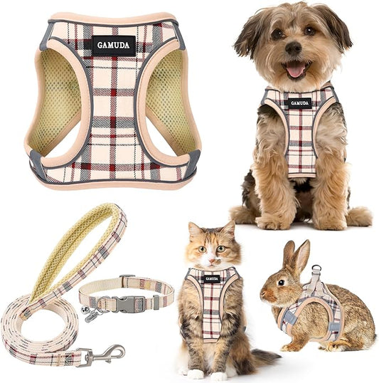 GAMUDA Small Dog Harness Collar and Leash Set, Step in No Chock No Pull Soft Mesh Adjustable Dog Vest Harnesses Plaid Reflective for Dogs Puppy Cats Kitten Rabbit (Beige, S)