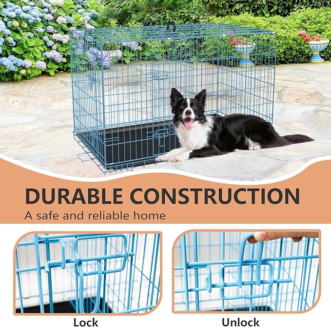 FDW XL Dog Crate Dog Kennel Cage with Double Door,42 inch Folding Metal Wire Dog Cage with Removable Tray&Divider Panel,Pet Crate for Medium Large Dogs,Blue