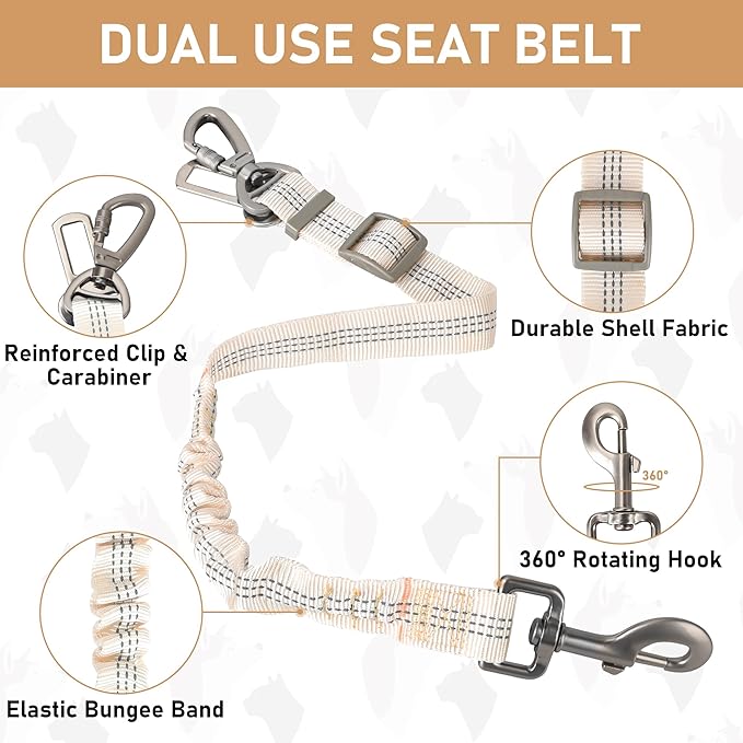 GAMUDA Dog Harness, Collar and Seat Belt Set, Vehicle Safety Harness, Retractable Adjustable Pet Seatbelts with Travel Strap and Carabiner for Most Cars (Beige, XS)