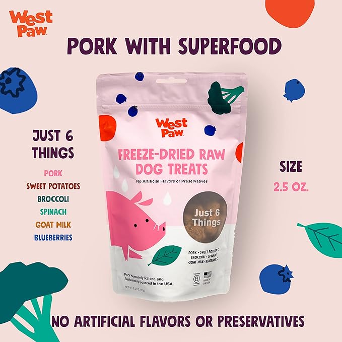 WEST PAW Freeze-Dried Raw All Natural Dog Treats, Single Ingredient, Humanely Raised and Sustainably Sourced, Made in USA, Beef Heart & Pork, 2 Pack