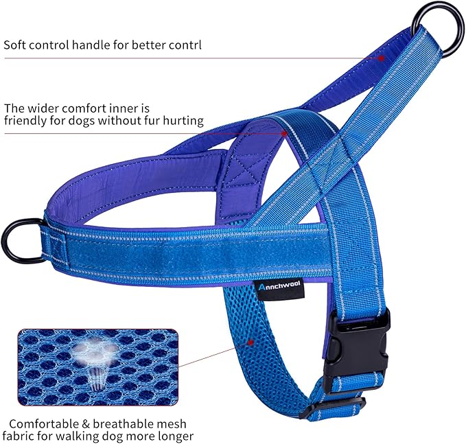 Annchwool No Pull Dog Harness with Soft Padded Handle,Reflective Strip Escape Proof and Quick Fit to Adjust Dog Harness,Easy for Training Walking for Small & Medium and Large Dog(Blue,XL)