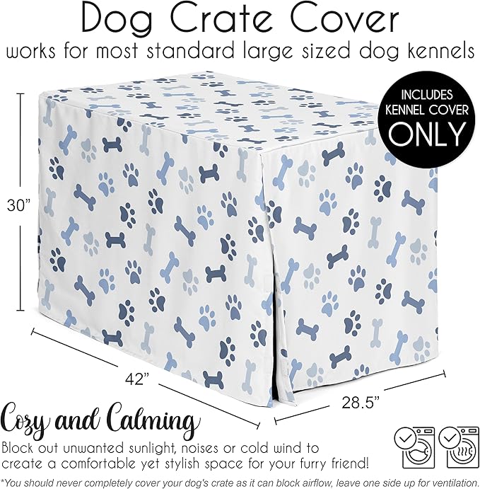 Sweet Jojo Designs 42in. Medium/Large Dog Crate Cover (Bones and Paw Prints) for Boys Pet Cage, Kennel Covers (Modern, Cartoon, Doggy, Puppy, Neutral, Paws Print, Whimsical, Playful, Slate Navy Blue)