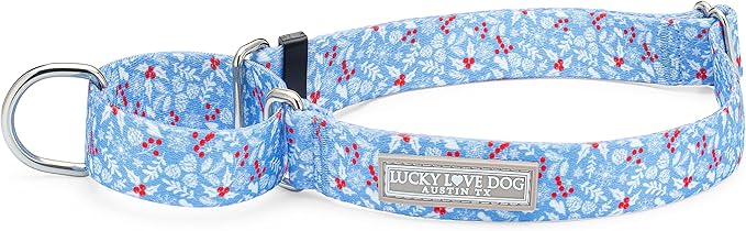 Lucky Love Dog Winter Themed Martingale Collar, Premium No Slip Collar, Snowflake Christmas Martingale Collar for Large Dogs - (Winterblue No Slip, L)