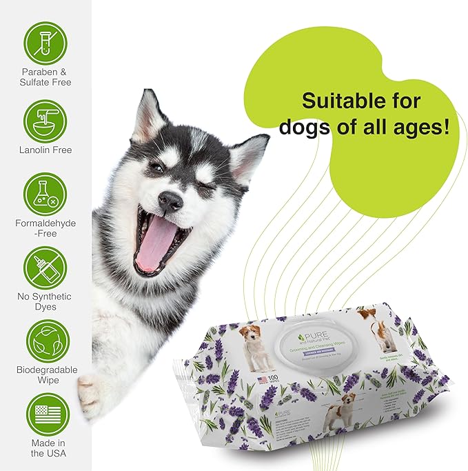 Pure and Natural Pet Grooming and Cleansing Dog Wipes (Lavender and Rosemary) 100 ct
