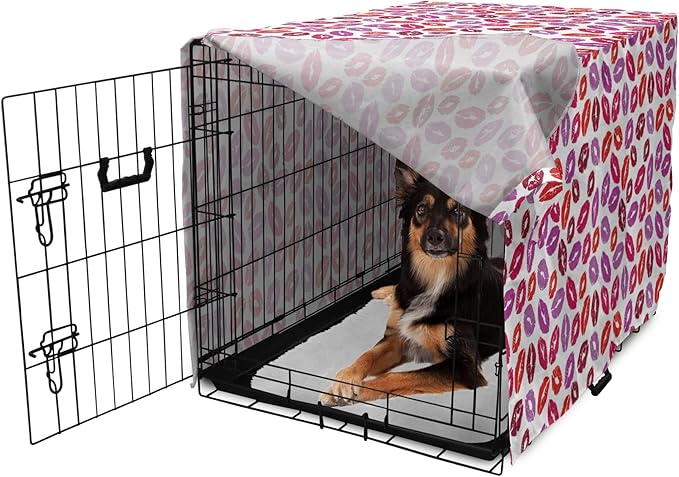 Lunarable Kiss Dog Crate Cover, Fun Colorful Design Lipsticks Kisses Fashion Illustration Print Artwork, Easy to Use Pet Kennel Cover for Medium Large Dogs, 36 Inch, Fuchsia and Raspberry