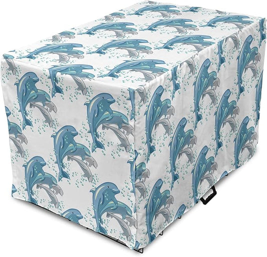 Lunarable Dolphin Dog Crate Cover, Happy Dolphins Jumping and Swimming in Deep Water Grey and Blue Mammals, Easy to Use Pet Kennel Cover for Small Dogs Puppies Kittens, 18 Inch, Blue Grey Slate Blue