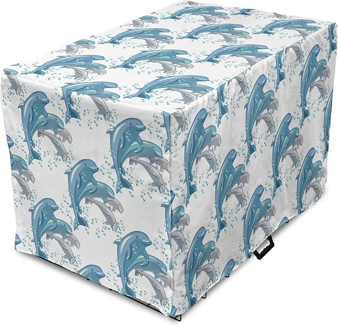Lunarable Dolphin Dog Crate Cover, Happy Dolphins Jumping and Swimming in Deep Water Grey and Blue Mammals, Easy to Use Pet Kennel Cover for Small Dogs Puppies Kittens, 22 Inch, Blue Grey Slate Blue