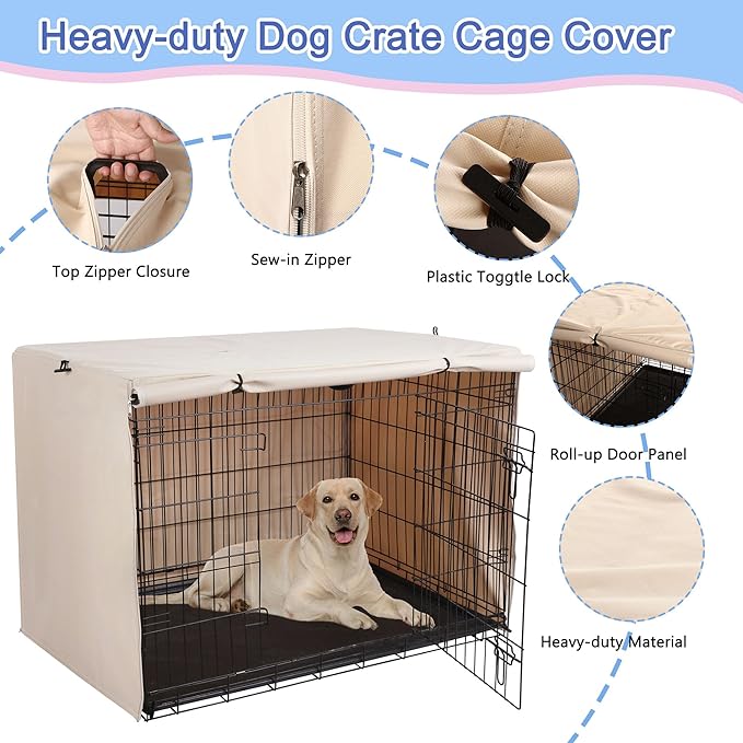 Deblue Heavy-Duty Dog Crate Cover, Privacy Pet Kennel Cover Universal Fits for 48 Inches Wire Cage, Polyester Crate Cover Fit for 1 2 3 Doors Crate (Tan)