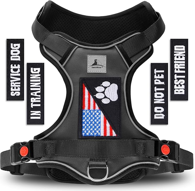 Service Dog Harness, No Pull Pet Harness with 2 Leash Clips, Reflective Adjustable No Choke Dog Vest with 5 PCS Patches,Vest Harness with Easy Control Handle Walking,Hiking,Training
