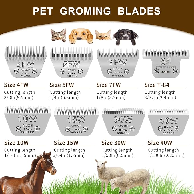 Size 7FW/5FW/4FW Detachable Dog,Cat,Sheep & Horse Grooming Wide Blades Set,Compatible with Andis,Oster A5,Wahl KM10 Series Clippers,Cut Length 1/8"(3.2mm) to 3/8”(9.5mm),3 Pack