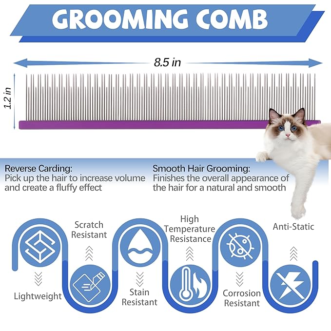 8.5 Inch Dual Tooth Pet Comb for Mats and Tangles，Poratable Grooming Dematting Comb for Indoor long-haired cats and dogs,Pet Family Supplies,Removing Tangles,Knots,Undercoat and Excess Hair