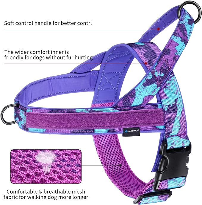 Annchwool No Pull Dog Harness with Soft Padded Handle,Escape Proof and Quick Fit to Adjust Dog Harness,Easy for Training Walking for Small & Medium and Large Dog(Camo Purple,M)