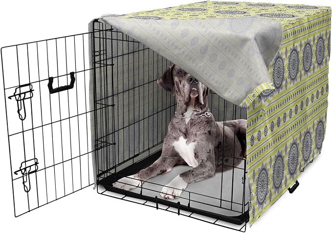 Lunarable Bohemian Mandala Dog Crate Cover, Floral Sun Motif on Brush Drawn Stripes with Dots, Easy to Use Pet Kennel Cover for Medium Large Dogs, 48 Inch, Night Blue Yellow