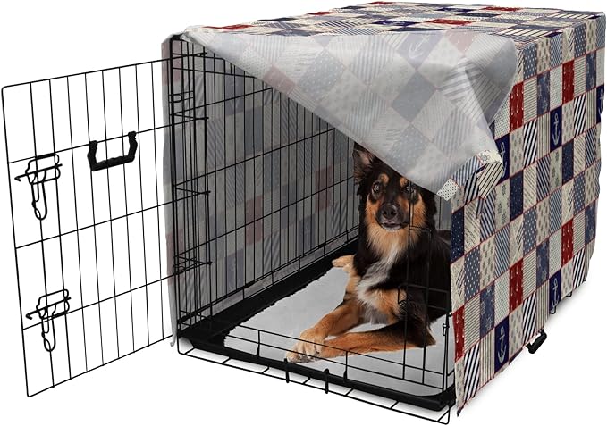 Lunarable Geometric Dog Crate Cover, Checkered Pattern Pale Nautical Design Elements Grunge Effect, Easy to Use Pet Kennel Cover for Medium Large Dogs, 36 Inch, Navy Blue Beige