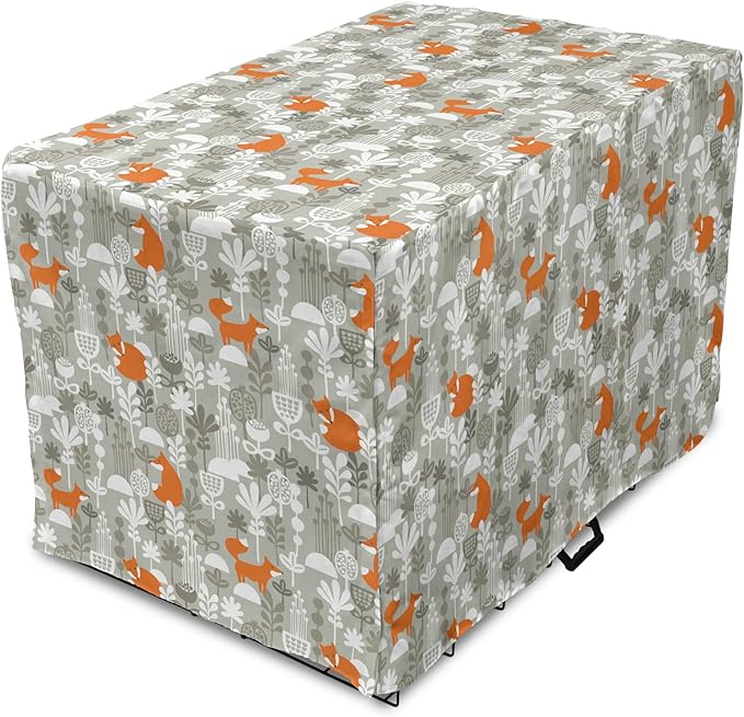 Lunarable Autumn Fall Dog Crate Cover, Fox Animal Sleeping in The Forest Plants Woodland Wildlife Theme, Easy to Use Pet Kennel Cover for Cats & Medium Dogs, 30 Inch, Orange Grey White