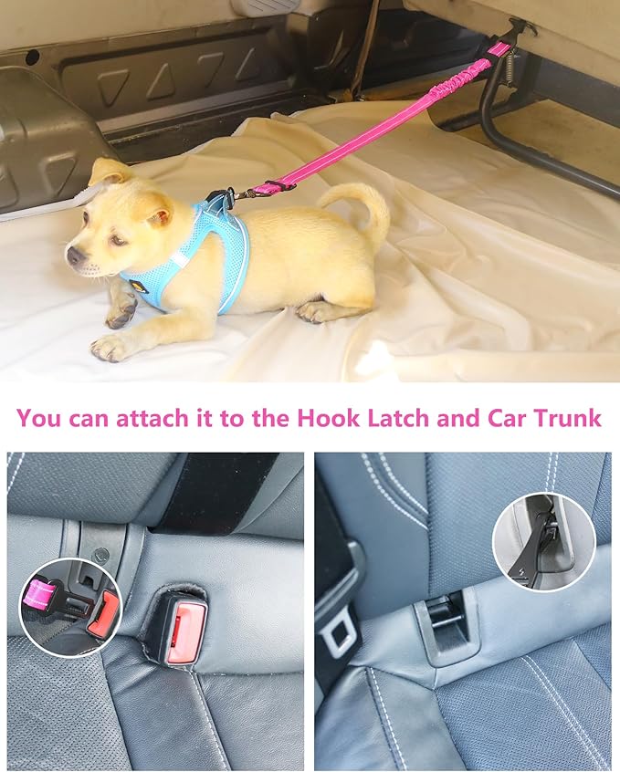 AUBELL Dog Seatbelt, Updated 3-in-1 Pet Car Seat Belt for Dogs, Bungee Dog Car Tether with Clip Hook Latch & Buckle, Heavy Duty Dog Car Harness with Swivel Aluminum Carabiner,Black+Hotpink