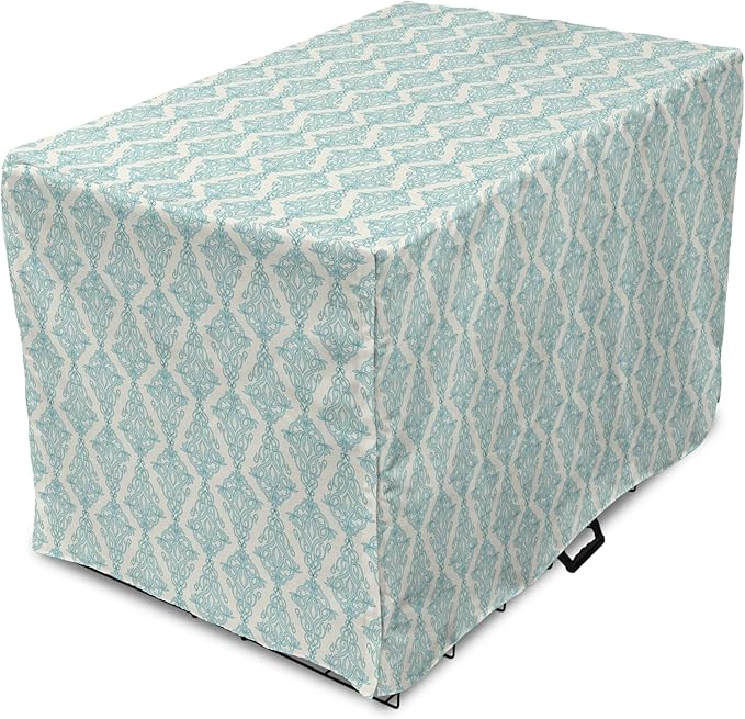 Lunarable Damask Blue Dog Crate Cover, Vintage Antique Pattern with Classic Victorian Motif, Easy to Use Pet Kennel Cover for Cats & Medium Dogs, 30 Inch, Eggshell Pale Cadet Blue