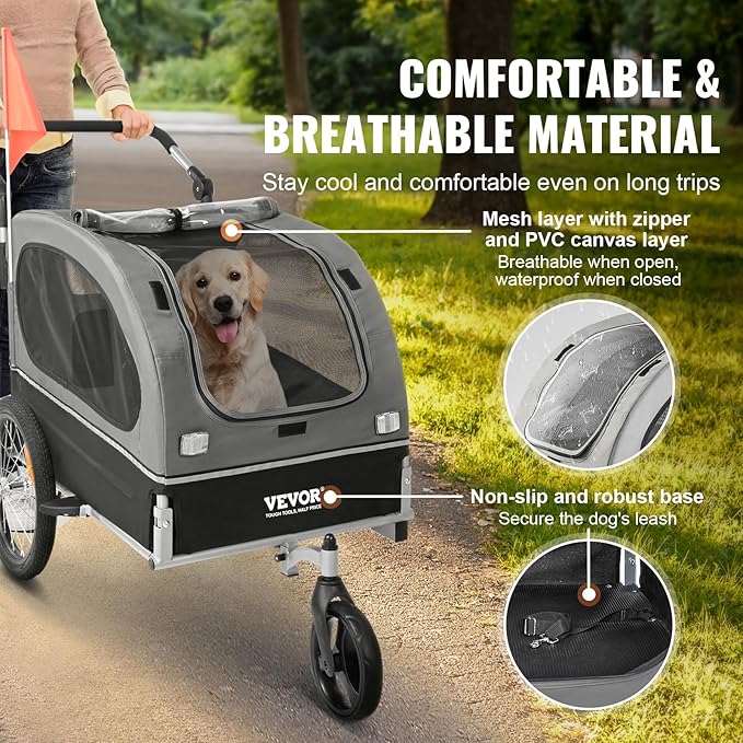 VEVOR Dog Bike Trailer, Supports up to 66/88/100 lbs, 2-in-1 Pet Stroller Cart Bicycle Carrier, Easy Folding Cart Frame with Quick Release Wheels, Universal Bicycle Coupler, Reflectors, Flag