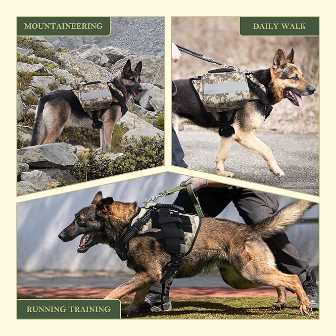 Tactical Dog Harness, Heavy Duty Dog Harness,Adjustable Breathable Pet Harness with MOLLE Panel, Small Pouch, and Bottle Holder,for Large Dogs, Camouflage L