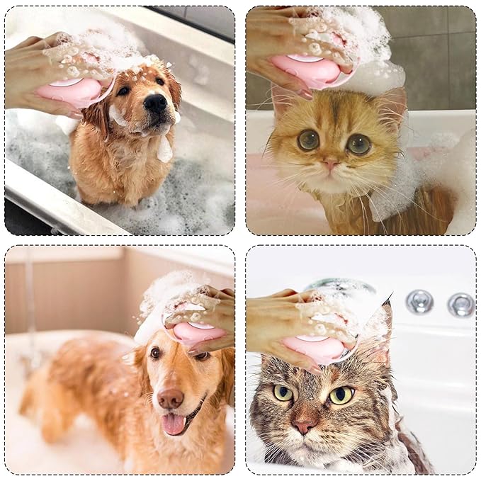 Dog Cat Bath Brush Comb Silicone - Pet Brush for Cats Dogs With Soap Dispenser Grooming Cleaning, Pink