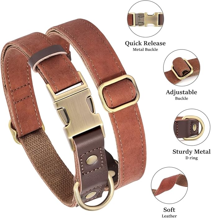 Didog Soft Padded Leather Dog Collars for Medium Dogs, Classic Heavy Duty Dog Collars with Quick Release Metal Buckle, Adjustable Medium Dog Collar Leather,Brown,M