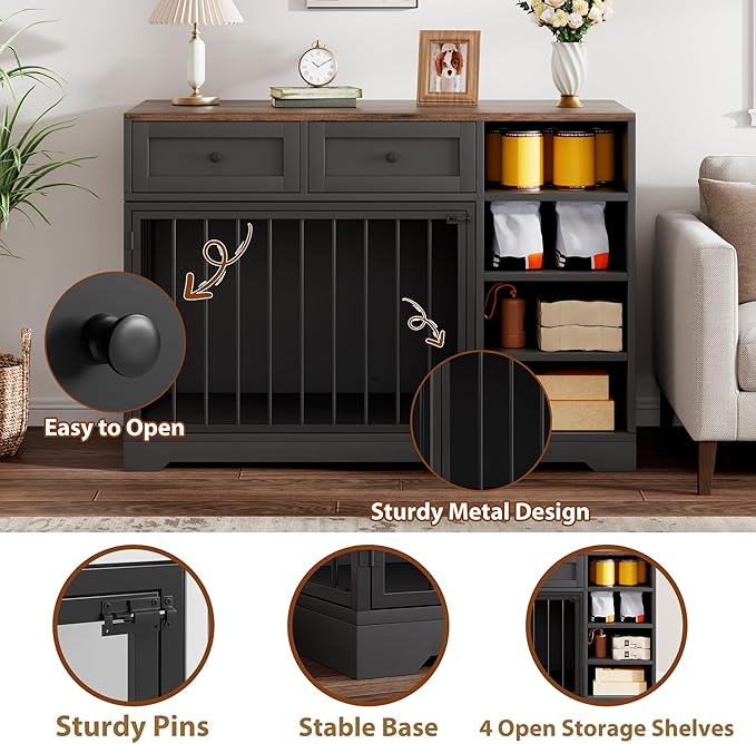 Dog Crate Furniture 47”, Large Dog Crate TV Stand with 2 Drawers and 4 Shelves, Wooden Dog Kennel Indoor, Decorative Dog Cage with Storage for Large Dogs, Black