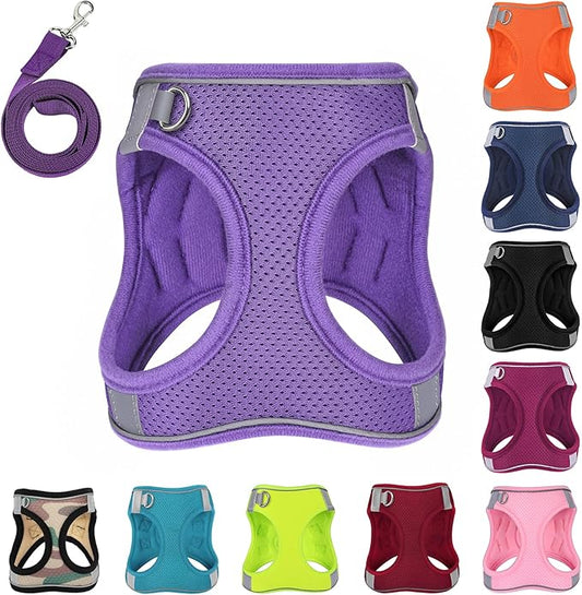 Dog Harness with Leash Set, No-Pull Step-in Reflective Pet Harness with 1 Leash Clips, Adjustable Soft Padded Easy Walk Dog Vest for Small Medium Large Dogs, Cats(Light Purple, XLarge)