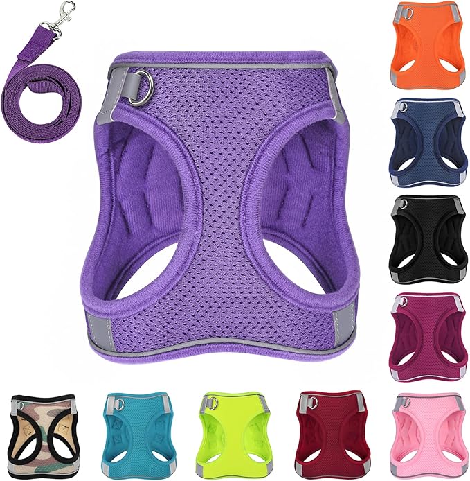 Dog Harness with Leash Set, No-Pull Step-in Reflective Pet Harness with 1 Leash Clips, Adjustable Soft Padded Easy Walk Dog Vest for Small Medium Large Dogs, Cats(Light Purple, Medium)