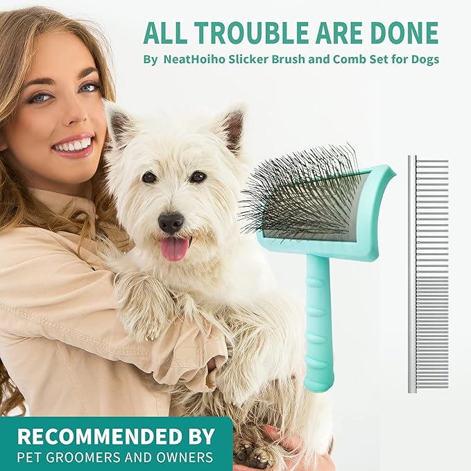 Large Slicker Brush & Green-comb Value Kit, Extra Long Pin Dog Grooming Brush for Curly Hair Goldendoodles, Removes Long and Loose Hair & Undercoat