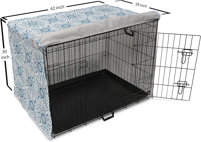 Ambesonne Blue and White Dog Crate Cover, Dutch Tile Design with Large Flowers and Detailed Petals Antique Ethnic, Easy to Use Pet Kennel Cover for Medium Large Dogs, 42 Inch, White Blue