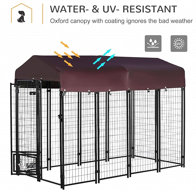 PawHut 8' x 4' x 6' Outdoor Dog Kennel with Rotating Bowl Holders, Walk-in Pet Playpen, Welded Wire Steel with Water and UV-Resistant Canopy, Red