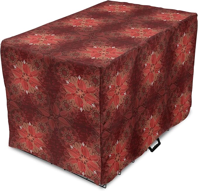 Lunarable Burgundy Dog Crate Cover, Flourishing Nature Garden Inspired Flowers Pattern Psychedelic Look, Easy to Use Pet Kennel Cover for Cats & Medium Dogs, 24 Inch, Burgundy Coral Tan