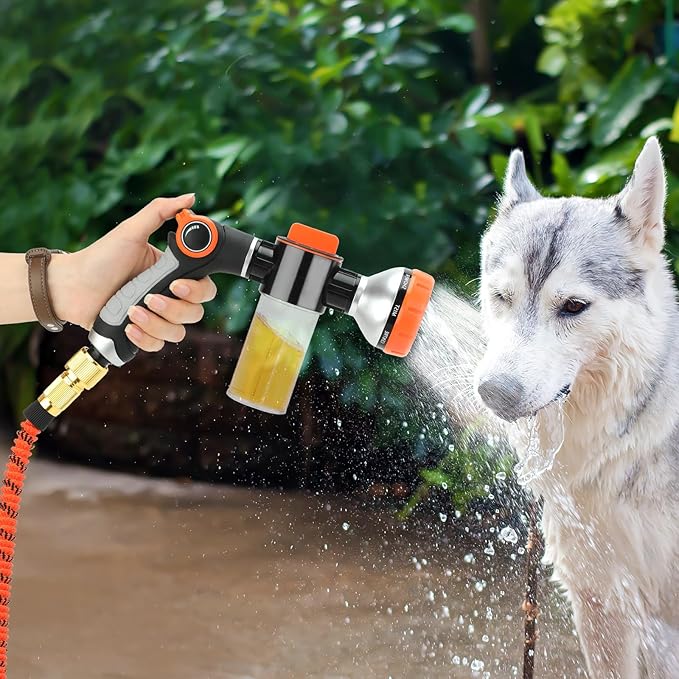 Rypet Dog Wash 8 Pieces Pet Bathing Tool Set Includes Expandable Hose Nozzle Foam Sprayer Connector Dog Rubber Brush for Bathing Dog, Horse or Other Pet