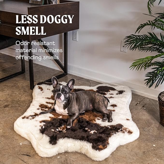 PupRug Orthopedic Dog Bed for Large Dogs with Fluffy Soft Faux Fur and Memory Foam for Joint Pain Relief, Machine Washable and Waterproof Couch Bed, Brown Cowhide, Medium