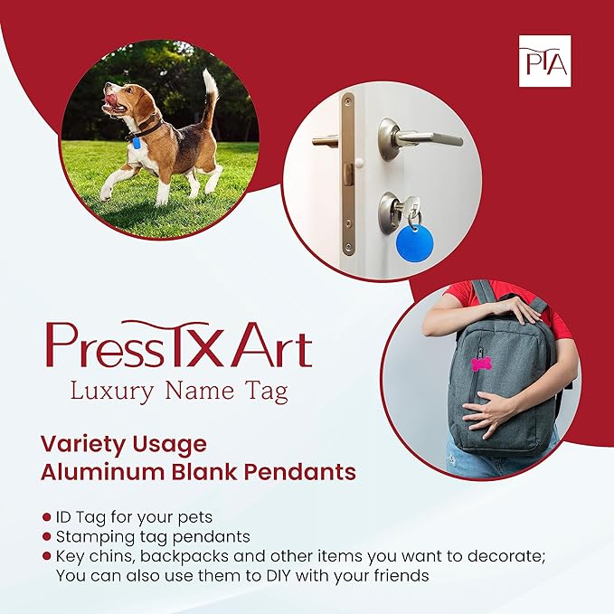 [Press TX Art] 40 Pcs Round(Circle), Bone, Rectangle, Heart Anodized Aluminum Stamping Blanks Tags 10 Mixed Colors Metal Engraving ID Name Tags with Rings (4 Types of Shapes in 10 Colors)