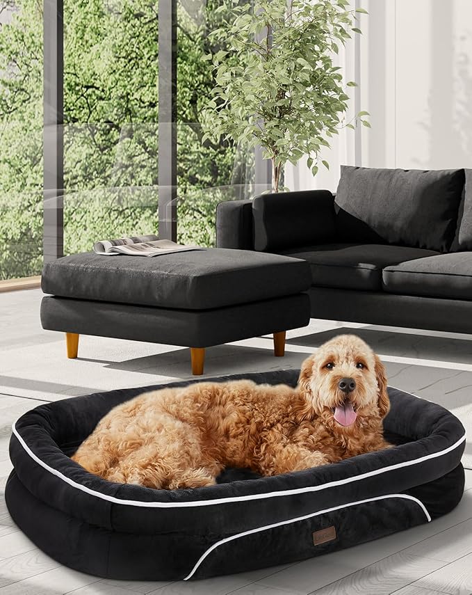 OhGeni Orthopedic Dog Bed for Extra Large Dogs, Dog Couch Design with Egg Foam Support, Removable, Washable Plush Cover and Non-Slip Bottom with Four Sided Bolster Cushion (Black)