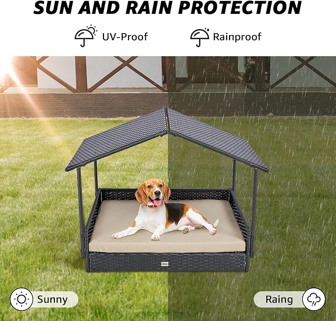 NATURAL EXPRESSIONS 2-in-1 Wicker Dog House,Elevated Dog Bed for Indoor/Outdoor with Removable Canopy,Large Dog House with Raised Pet Cot Cool, Breathable, Shade, waterrproof with Non-Slip Feet