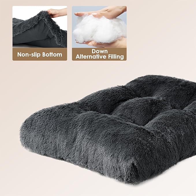 EHEYCIGA Fluffy Dog Crate Bed for Large Dogs, Plush Faux Fur Dog Crate Pad, Calming Anti Anxiety Large Dog Bed for Crate, Washable Soft Warm Dog Crate Mat with Non-Slip Bottom, Dark Grey