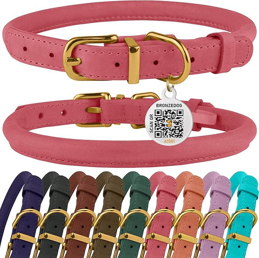 BRONZEDOG Rolled Leather Dog Collar with QR ID Tag Adjustable Soft Round Collars for Small Medium Large Dogs Puppy Cat (11" - 14 1/2" Neck Size, Coral Pink)