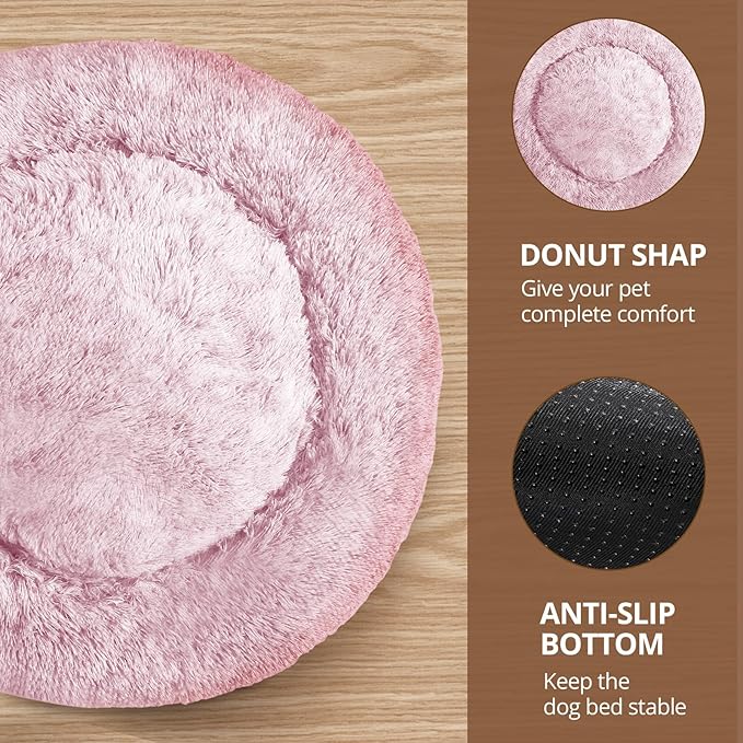 JOLLYVOGUE Dog Beds for Medium Dogs, Anti-Anxiety Washable Round Bed, Calming Donut Dog Cat Bed for Puppy Bed, Fluffy Dog Beds for Medium Dogs, Round Puppy Bed for Indoor Pet (28"/Smoke Pink